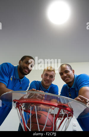 Berlin, Germany. 16th Sep, 2015. Players from the basketball team lba Berlin (r-l) Alex King, Niels Giffey and Jordan Taylor smile during a press conference before the coming game in Berlin, Germany, 16 September 2015. Photo: Soeren Stache/dpa/Alamy Live News