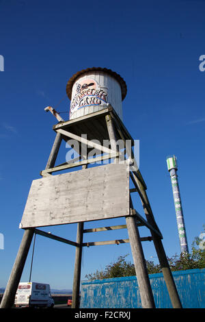 Morecambe, Lancashire, UK. 16th September, 2015.Opus North who are now proposing to start the redevlopemnt of the former Frontier Land amusement park site in Morecambe, in the new year. The developers will start with the demolition of the disused 168 foot high Polo Tower which has been used as a mobile phone mast by EE, who wlll vacate the site in January 2016. The development is hoped to bring additonal retail accomodation to the Seaside resort together with Restraunts and hotel accomodation Credit:  David Billinge/Alamy Live News Stock Photo