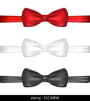 Set realistic red, white and black bow ties, isolated on white b Stock Vector
