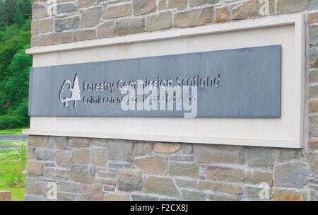 Forestry Commission Scotland Sign at Kirroughtree Visitor Centre, Galloway Forest Park, Dumfries & Galloway, Scotland, UK Stock Photo