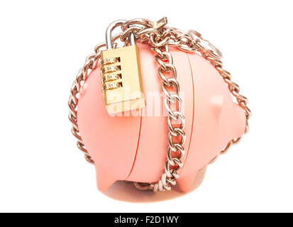 Piggy bank padlocked with chains and padlock on white background Stock Photo