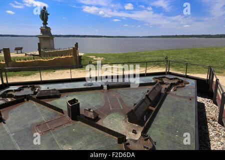 Model of Jamestown Settlement with statue of Captain John Smith in the background Jamestown Settlement Stock Photo