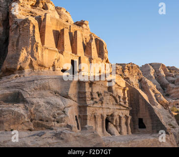 Evening light (alpenglow) on Obelisk Tomb & Bab-el Siq Triclinium Nabataean stone tombs, Wadi Musa, Petra Jordan Stock Photo