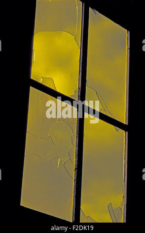 Broken window panes of an abandoned terrace house in the inner city suburb of Surry Hills, Sydney, New South Wales. Stock Photo