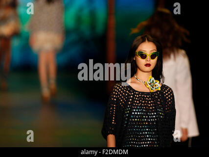 New York, USA. 16th Sep, 2015. Models display creations of Anna Sui Spring/Summer 2016 collection during the New York Fashion Week in New York, the United States, on Sept. 16, 2015. Credit:  Qin Lang/Xinhua/Alamy Live News Stock Photo