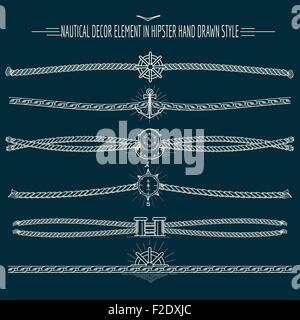Set of nautical ropes and chains decor elements in hipster style. Hand drawn dividers and borders. Only free font used. Stock Vector