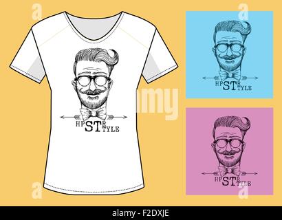 T-Shirt  Print Design with Head of Hipster and Lettering. Three color variations. Stock Vector