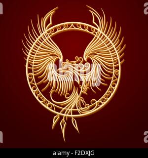 Phoenix Bird with rising wings in a circle. Ancient symbol of revival. Stock Vector