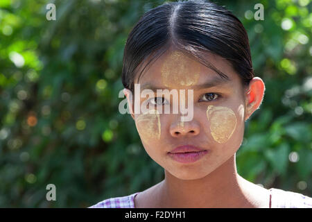 Young woman with Thanaka paste on her face, portrait, Ngapali, Thandwe, Rakhine State, Myanmar Stock Photo