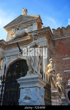 Statues, entrance of the Arsenale in Venice, Italy Stock Photo