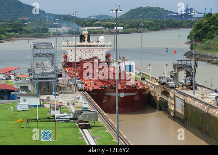 Panama, ship in the Miraflores Locks of the Panama Canal Stock Photo