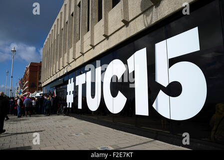 #TUC15 window display at the Brighton Centre in Brighton, UK. Stock Photo