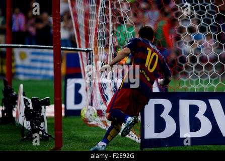 SPAIN, Madrid:FC Barcelona's Argentinean forward Lionel Messi scores a goal during the Spanish League 2015/16 Stock Photo