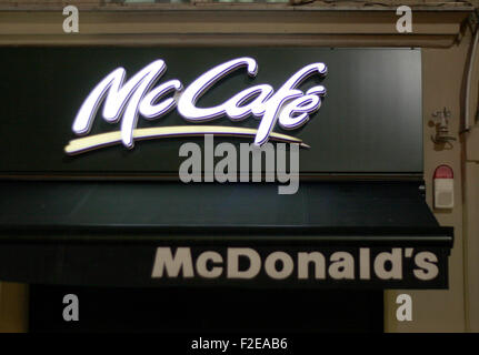 NOVEMBER 2013 - BERLIN: brands: the logo of the fast food chain McDonalds and McCafe, Berlin. Stock Photo