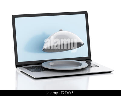 3d renderer image. Laptop with Restaurant cloche. Online and Internet food delivery concept on white background Stock Photo