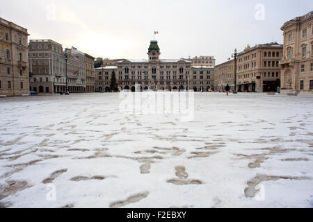View of Piazza Unità d'Italia covered by snow, Trieste Stock Photo