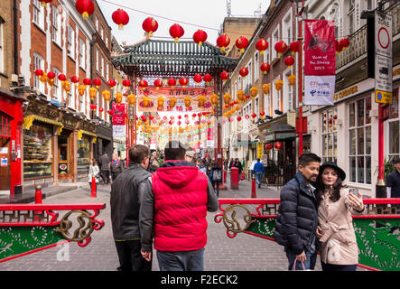 Chinatown in London. Decorated with red paper lanterns celebrating New Year. Stock Photo