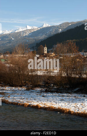 A small village beside a river in the Dolomites region of Northern Italy Stock Photo