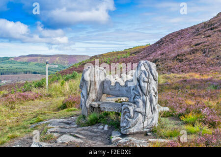 ABRIACHAN TRAIL OR WALK AND CARVED SEAT SET ABOVE LOCH NESS SURROUNDED BY PURPLE HEATHER IN LATE SUMMER Stock Photo