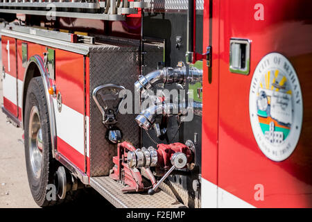 A fire engine showing part of the equipment close up in Bethany, Oklahoma. Stock Photo