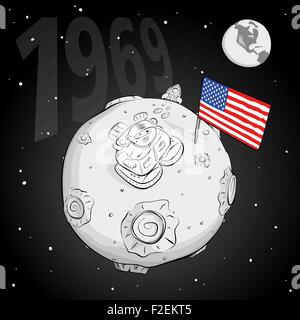 astronaut with flag USA on the moon bw Stock Vector