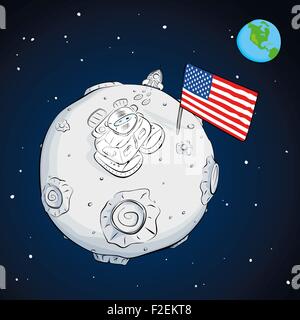 astronaut with flag USA on the moon color Stock Vector