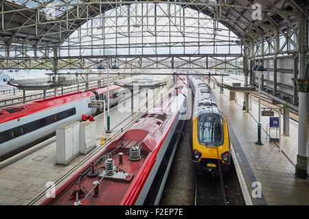 Manchester Piccadilly railway station a Voyager ready to depart for the cross-country service   Manchester Piccadilly is the pri Stock Photo