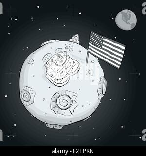 astronaut with flag USA on the moon BW Stock Vector