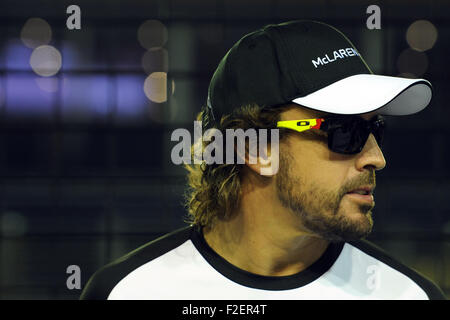 Singapore. 17th Sep, 2015. Spanish F1 driver Fernando Alonso of McLaren Honda team appears at Singapore's F1 Pit Building, Sept. 17, 2015. Singapore F1 Grand Prix Night Race will be held from Sept. 18 to 20 at the Marina Bay Street Circuit. Credit:  Then Chih Wey/Xinhua/Alamy Live News Stock Photo