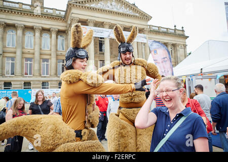 ALDI sponsored 10th Bolton Food and Drink Festival 2015   Kangaroo caricature street entertainers performing performance event l Stock Photo