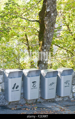 Waste separation and recycling bins in the Sanctuary of Arantzazu. Oñati. Gipuzkoa. Basque Country. Spain. Stock Photo