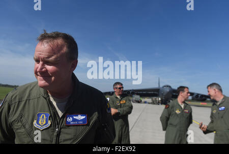 Ostrava, Czech Republic. 17th Sep, 2015. Bombarder B-52 Stratofortress arrived at the Airport of Leos Janacek in Mosnov by Ostrava, Czech Republic on September 17, 2015, to participate on NATO Days & Czech Air Force Days on weekend. On the photo pilots from 307th. Bomb Wing and their commander Bruce Cox, right. © Jaroslav Ozana/CTK Photo/Alamy Live News Stock Photo