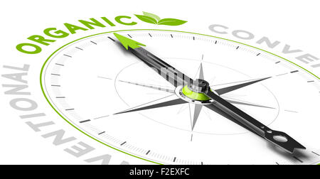 Compass with needle pointing the word organic. Green and grey tones over white background, Conceptual illustration for healthy e Stock Photo