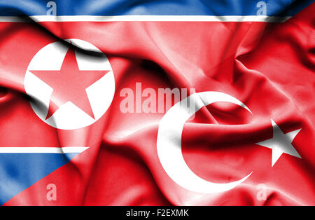 Waving flag of Turkey and North Korea Stock Photo