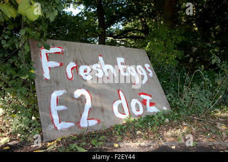 Fresh Eggs £2 a doz hand painted sign; Farm Produce for sale in the villages and hamlets of Burscough, Lancashire, UK Stock Photo