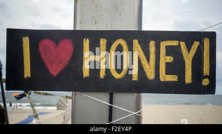 The sweetest festival in New York, the New York City Honey Fest in Rockaway in the borough of Queens in New York on Saturday, September 12, 2015. Visitors participated in honey tastings and purchased honey and honey-themed goods from the various vendors.   (© Richard B. Levine) Stock Photo