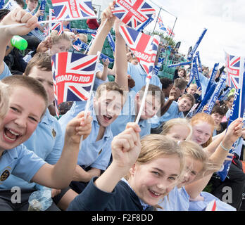 Lee Valley, London, UK. 17th Sep, 2015. ICF Canoe Slalom World Championship. Day Two. Children from the Divine Saviour Catholic Primary School wave their Union Jack flags to support the Great Britain Team. Credit:  Action Plus Sports/Alamy Live News Stock Photo