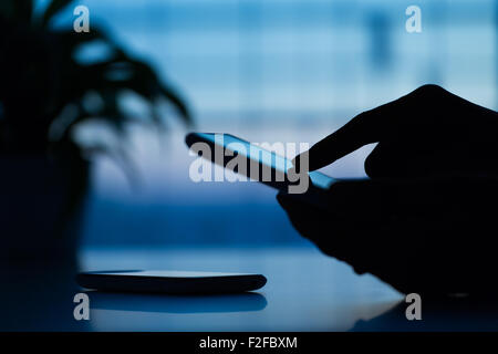 hand presses on screen digital tablet Stock Photo