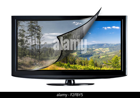 Television display with new technology. Full ultra HD 8k on modern TV. Stock Photo