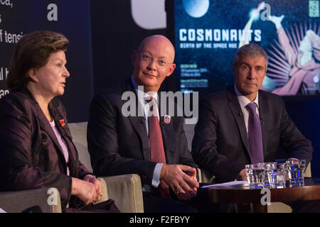 London, UK. 17/09/2015. L-R: Valentina Tereshkova, Ian Blatchford, Director of the Science Museum and Sergei Krikalev. The exhibition Cosmonauts - Birth of the Space Age opens at the Science Museum on 18 September 2015 and runs until 13 March 2016. Stock Photo