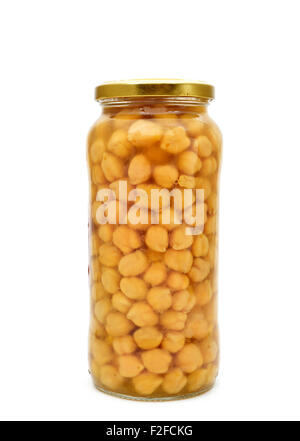 a glass jar with cooked chickpeas on a white background Stock Photo