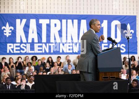U.S. President Barack Obama delivers remarks at the Andrew P. Sanchez & Copelin-Byrd Multi-Service Center to mark the tenth anniversary of Hurricane Katrina August 27, 2015 in New Orleans, Louisiana. Stock Photo