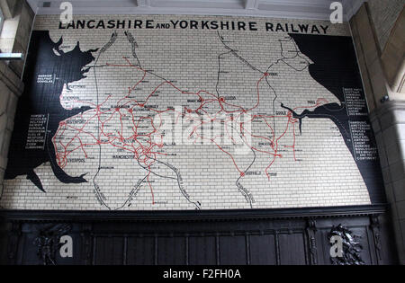 Historic tiled Lancashire and Yorkshire railway route map at Victoria Station in Manchester Stock Photo