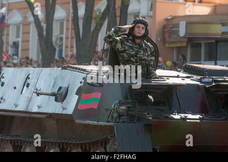 Soldier In Tank Saluting And Parading - 25th Anniversary of the Pridnestrovian Moldavian Republic PMR Transnistria Soviet USSR Stock Photo