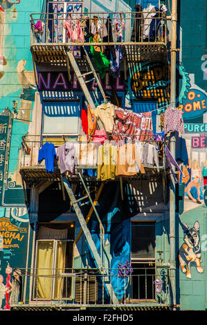Clothes hanging on washing line outside balcony, San Francisco, California, USA Stock Photo