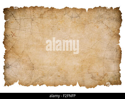 Old torn treasure map with compass and spyglass top view still life ...