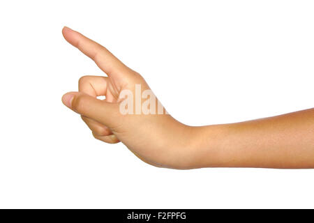 Woman hand touching virtual screen or poiting isolated on white background Stock Photo