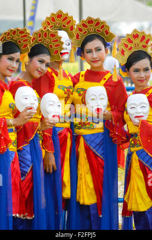 Group portrait of Indonesian traditional mask dancers during the 2005 Jakarta Highland Gathering in Karawaci, Indonesia. Stock Photo
