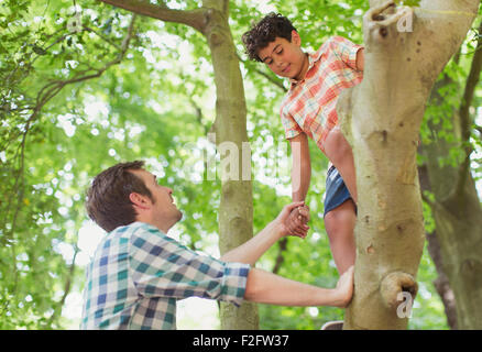 Father helping son climbing tree Stock Photo