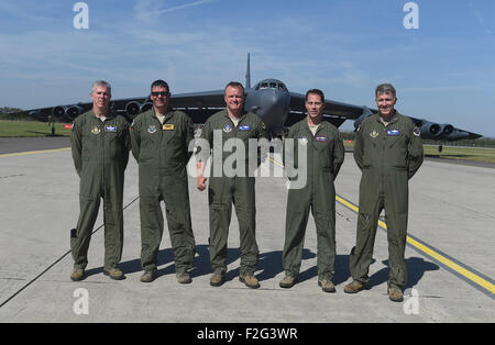 Ostrava, Czech Republic. 17th Sep, 2015. Bombarder B-52 Stratofortress arrived at the Airport of Leos Janacek in Mosnov by Ostrava, Czech Republic on September 17, 2015, to participate on NATO Days & Czech Air Force Days on weekend. On the photo pilots from 307th. Bomb Wing and their commander Bruce Cox, centre. © Jaroslav Ozana/CTK Photo/Alamy Live News Stock Photo